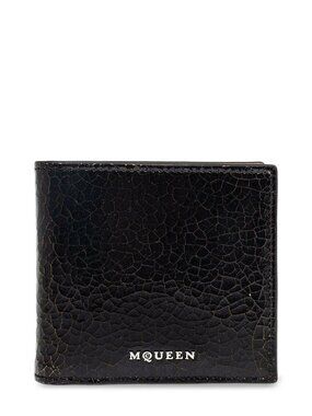 NWB Alexander McQueen Crackled Logo Lettering Bi-fold Wallet Black Mens Size OS
